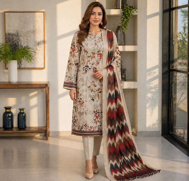 Nayab Embroidered Lawn Unstitched 3 Piece Suit – Floral Beige
