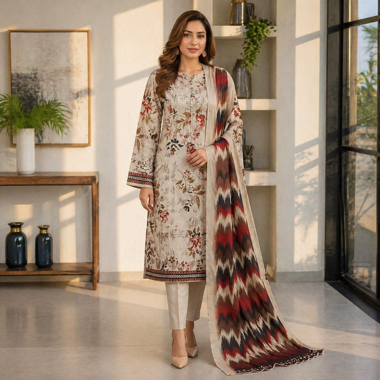 Nayab Embroidered Lawn Unstitched 3 Piece Suit – Floral Beige