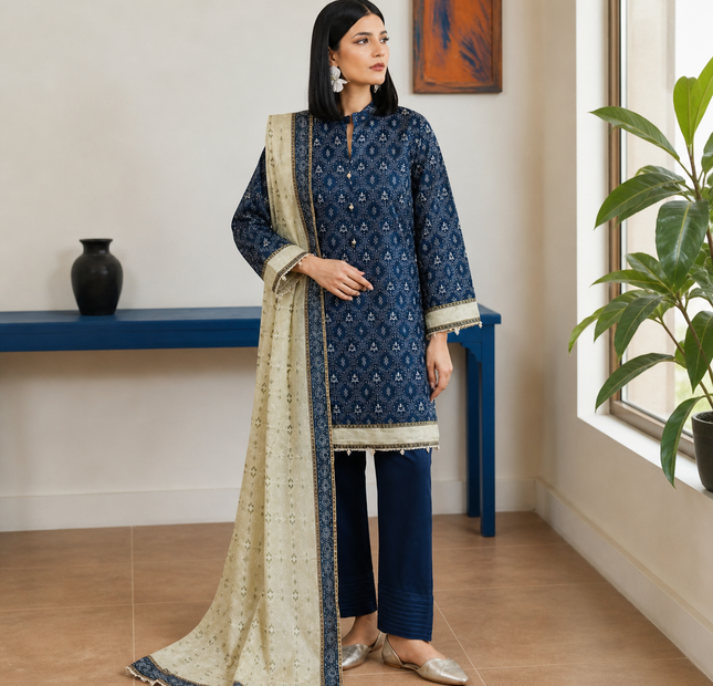Regalia salina Printed Lawn Unstitched 3 Piece Suit – Navy Blue