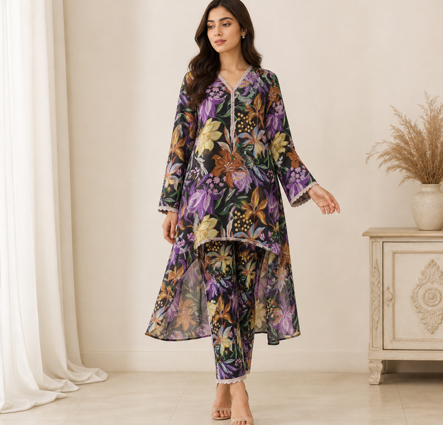 Black Floral Printed Unstitched 2 Piece Suit