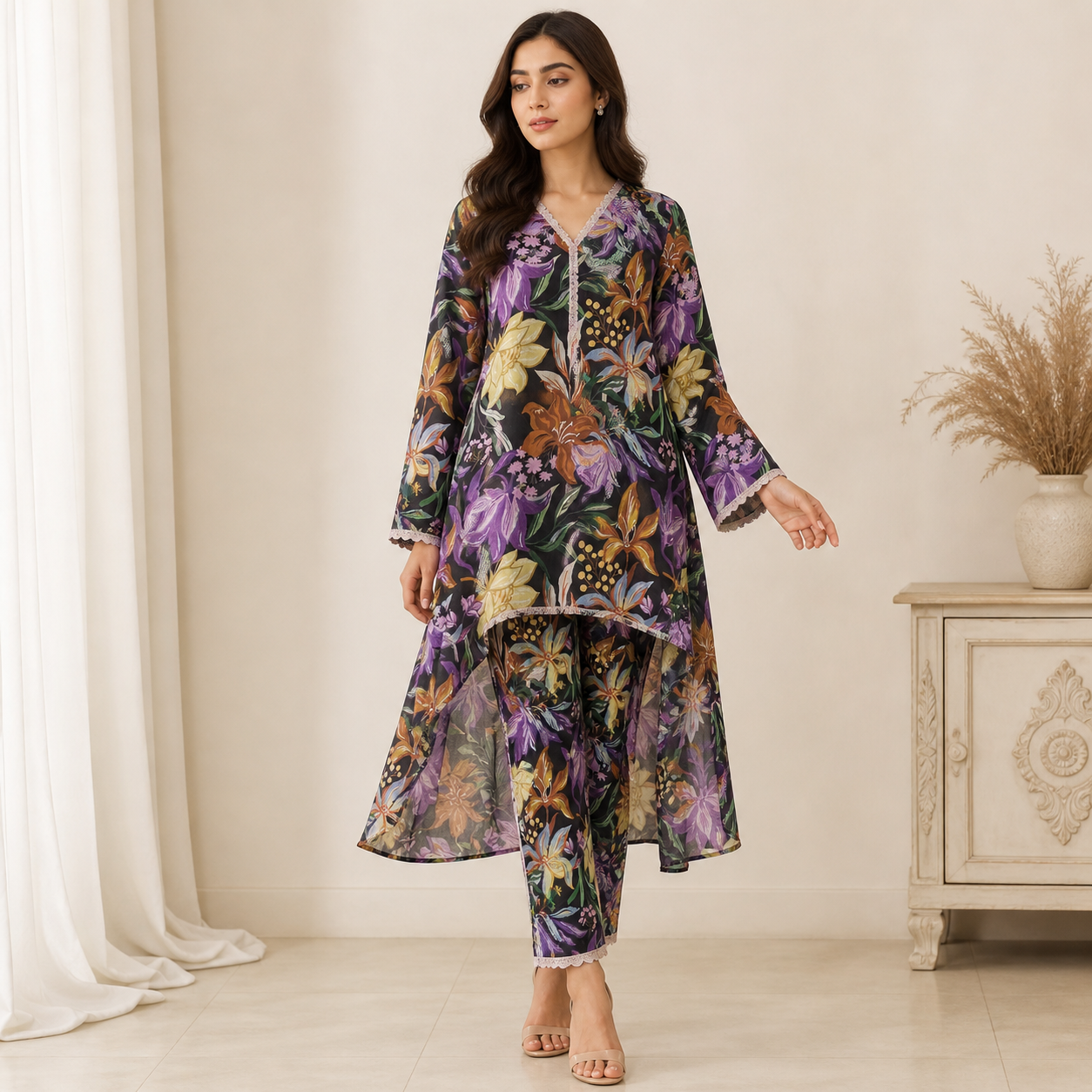 Black Floral Printed Unstitched 2 Piece Suit