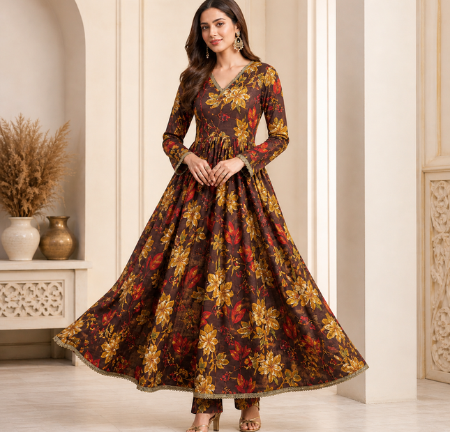 Chocolate Brown Floral Printed Unstitched 3 Piece Suit