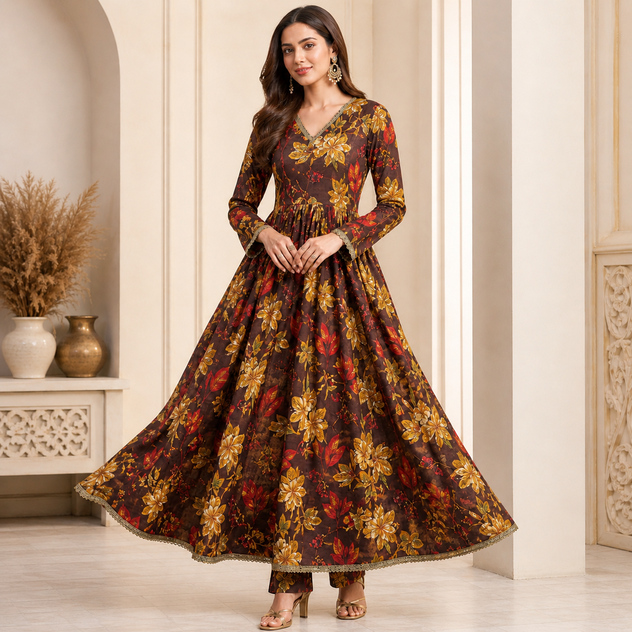 Chocolate Brown Floral Printed Unstitched 3 Piece Suit