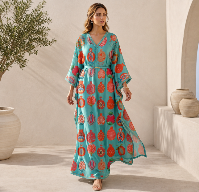 Aqua Blue Pomegranate Printed Unstitched 2 Piece Dress