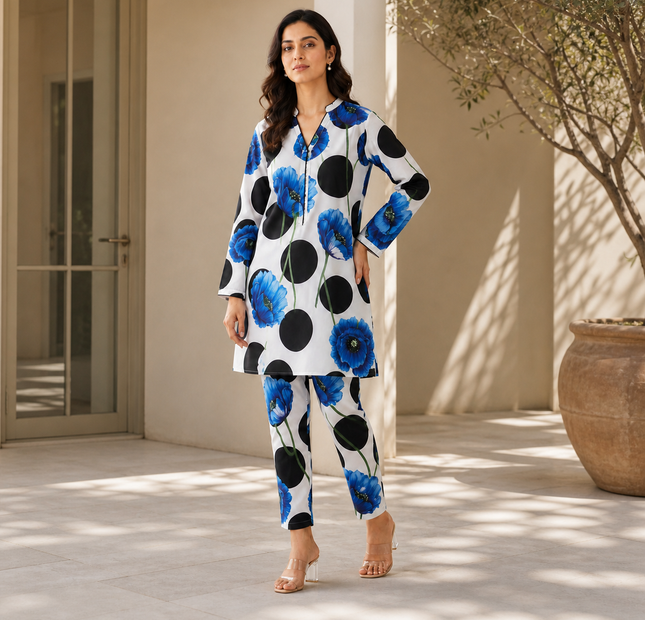 White Blue Floral Printed Unstitched 2 Piece Suit