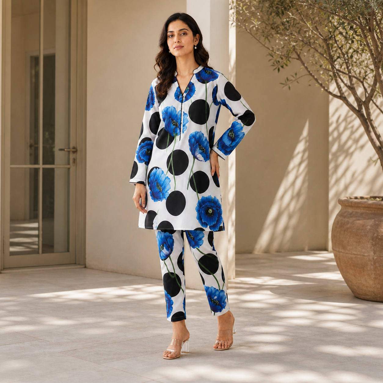 White Blue Floral Printed Unstitched 2 Piece Suit