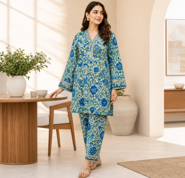Blue Green Floral Printed Unstitched 2 Piece Suit