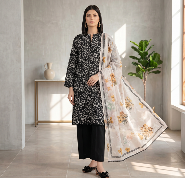 Regalia Salina Printed Lawn Unstitched 3 Piece Suit – Black Floral