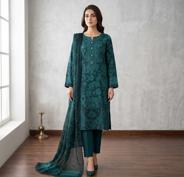 Nayab Embroidered Lawn Unstitched 3 Piece Suit – Teal Green