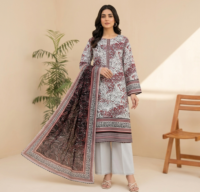 Almeerah Printed Lawn Unstitched 3 Piece Suit – White Red