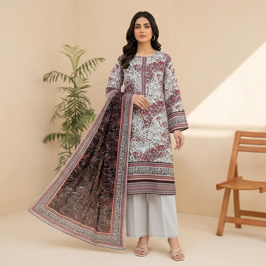Almeerah Printed Lawn Unstitched 3 Piece Suit – White Red