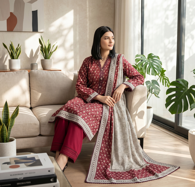 Regalia salina Printed Lawn Unstitched 3 Piece Suit – Maroon Red
