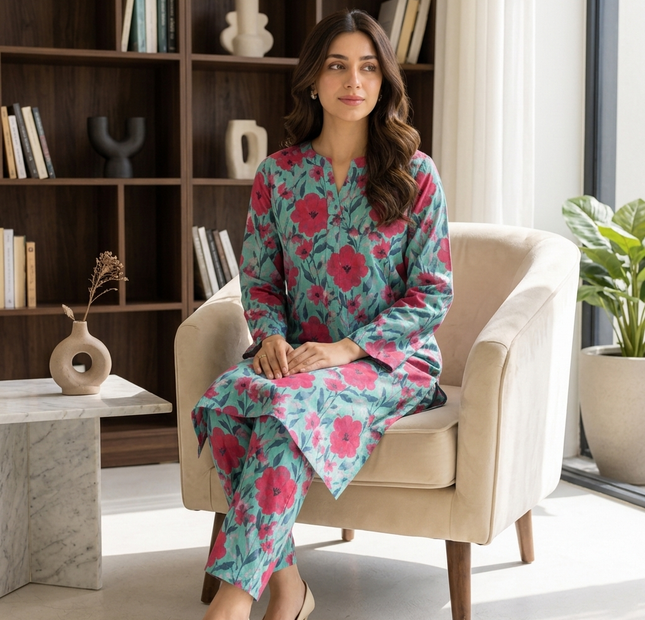 Turquoise Pink Floral Printed Unstitched 2 Piece Suit