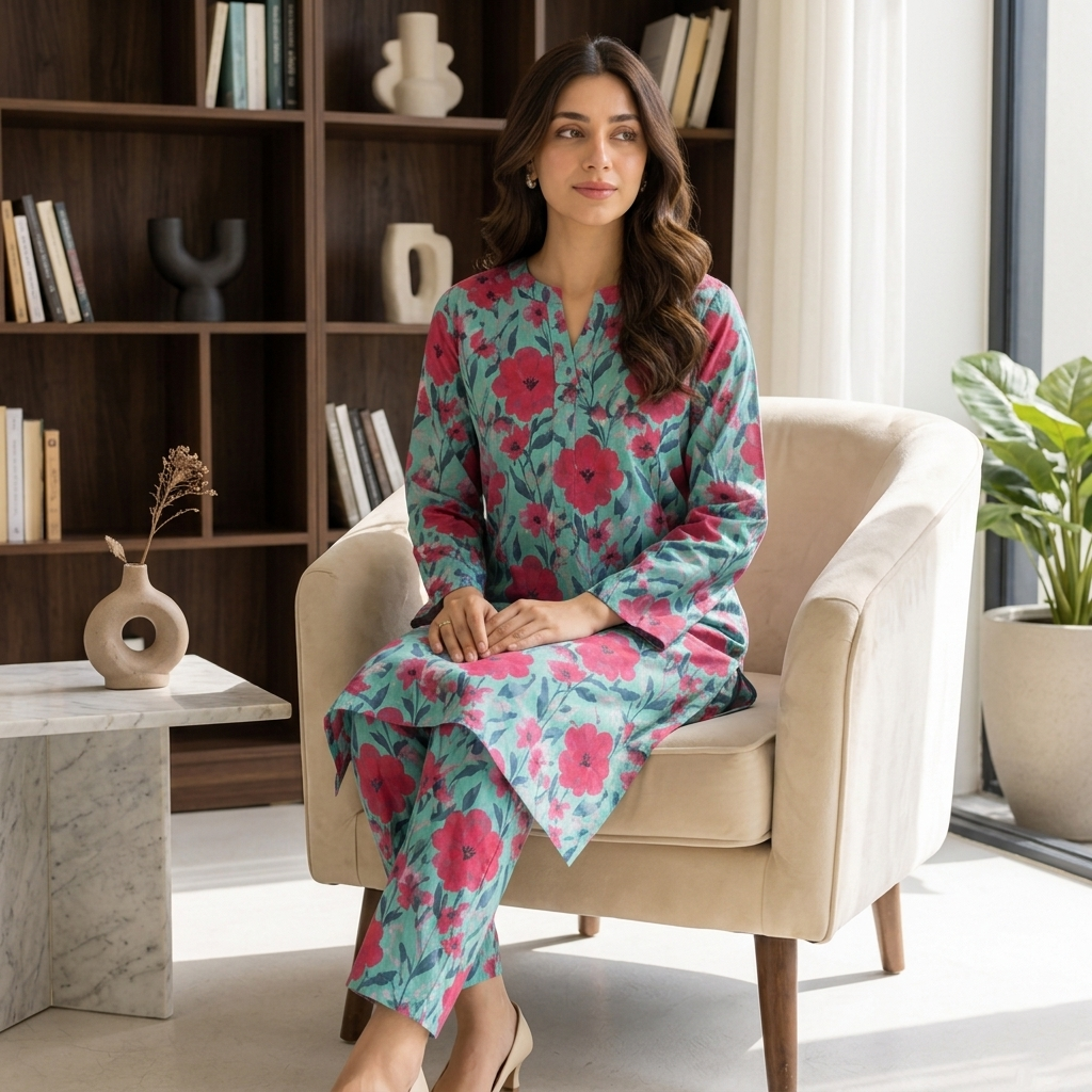 Turquoise Pink Floral Printed Unstitched 2 Piece Suit