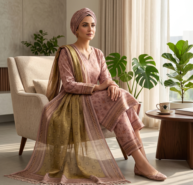 Almeerah Printed Lawn Unstitched 3 Piece Suit – Dusty Rose