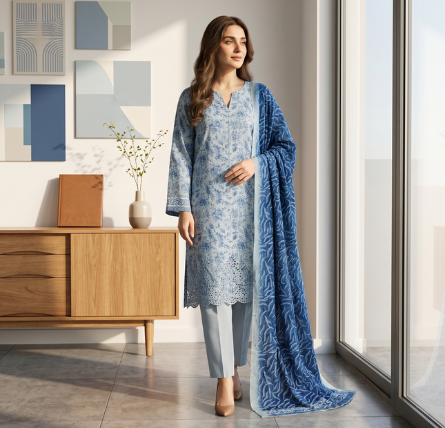 Nayab Embroidered Lawn Unstitched 3 Piece Suit – Ice Blue