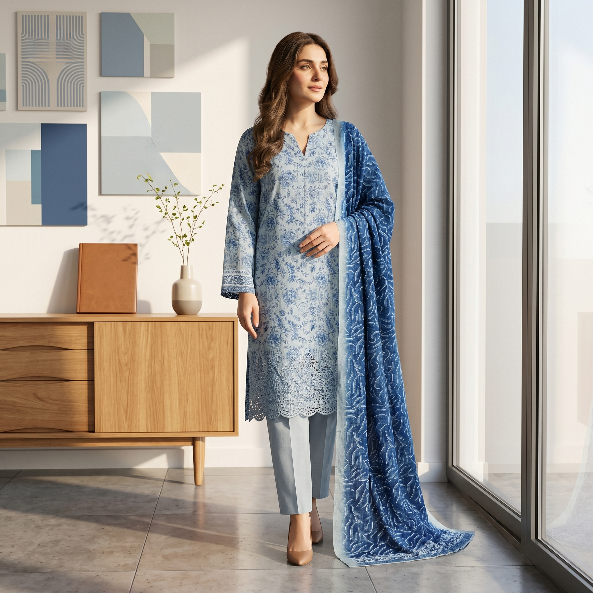 Nayab Embroidered Lawn Unstitched 3 Piece Suit – Ice Blue