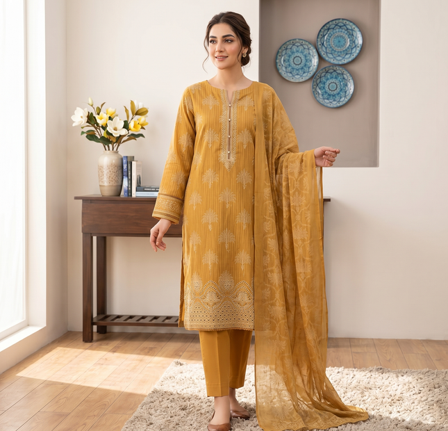 Nayab Embroidered Lawn Unstitched 3 Piece Suit – Mustard
