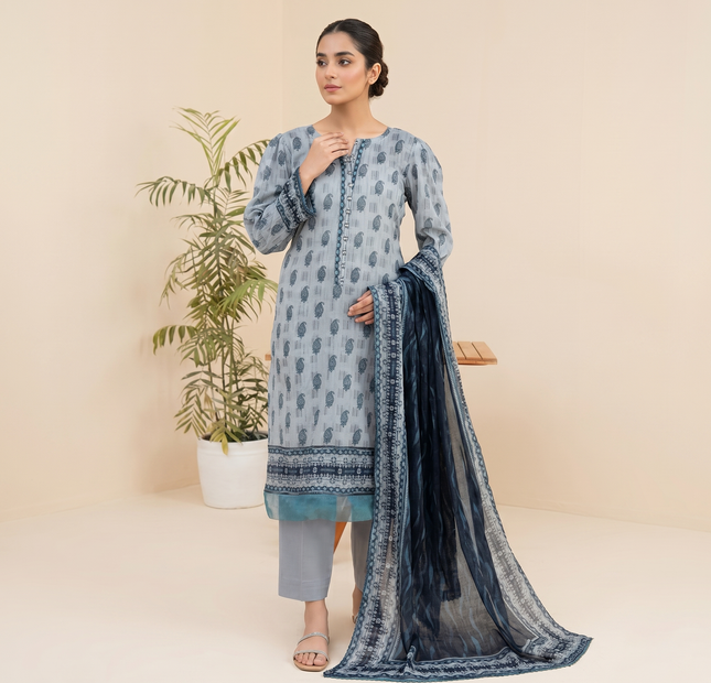 Almeerah Printed Lawn Unstitched 3 Piece Suit – Grey Blue