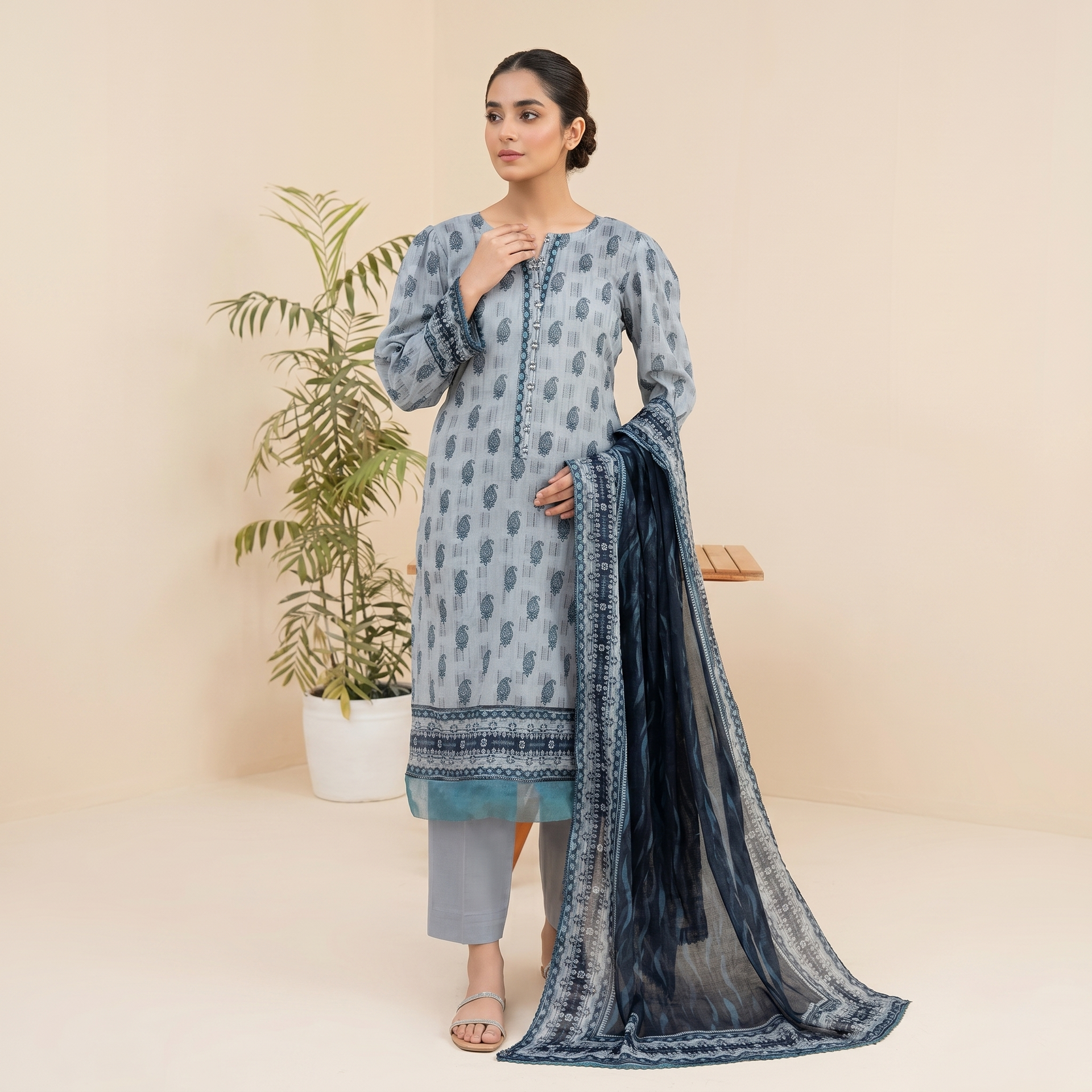 Almeerah Printed Lawn Unstitched 3 Piece Suit – Grey Blue