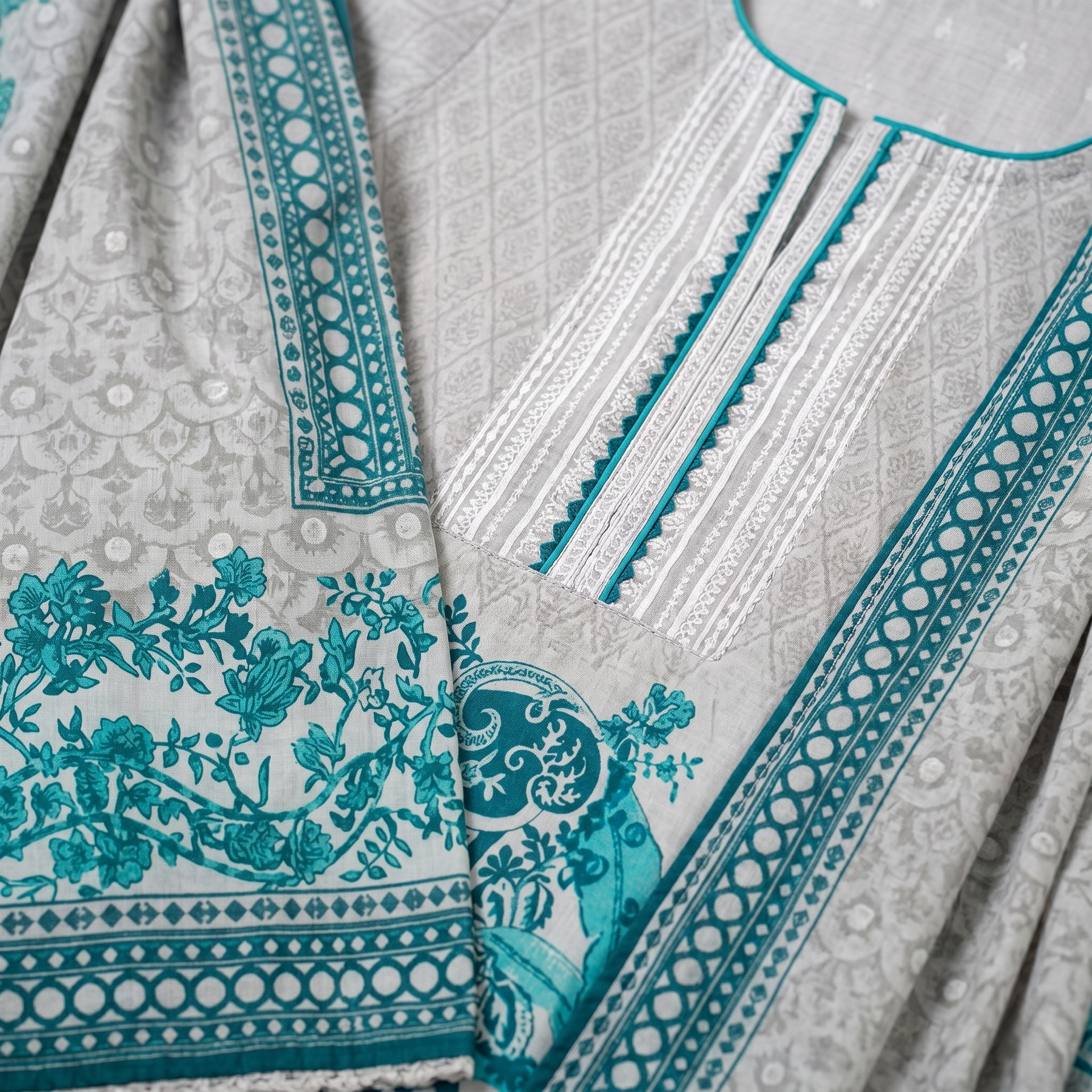 Regalia salina Printed Lawn Unstitched 3 Piece Suit – Grey Teal