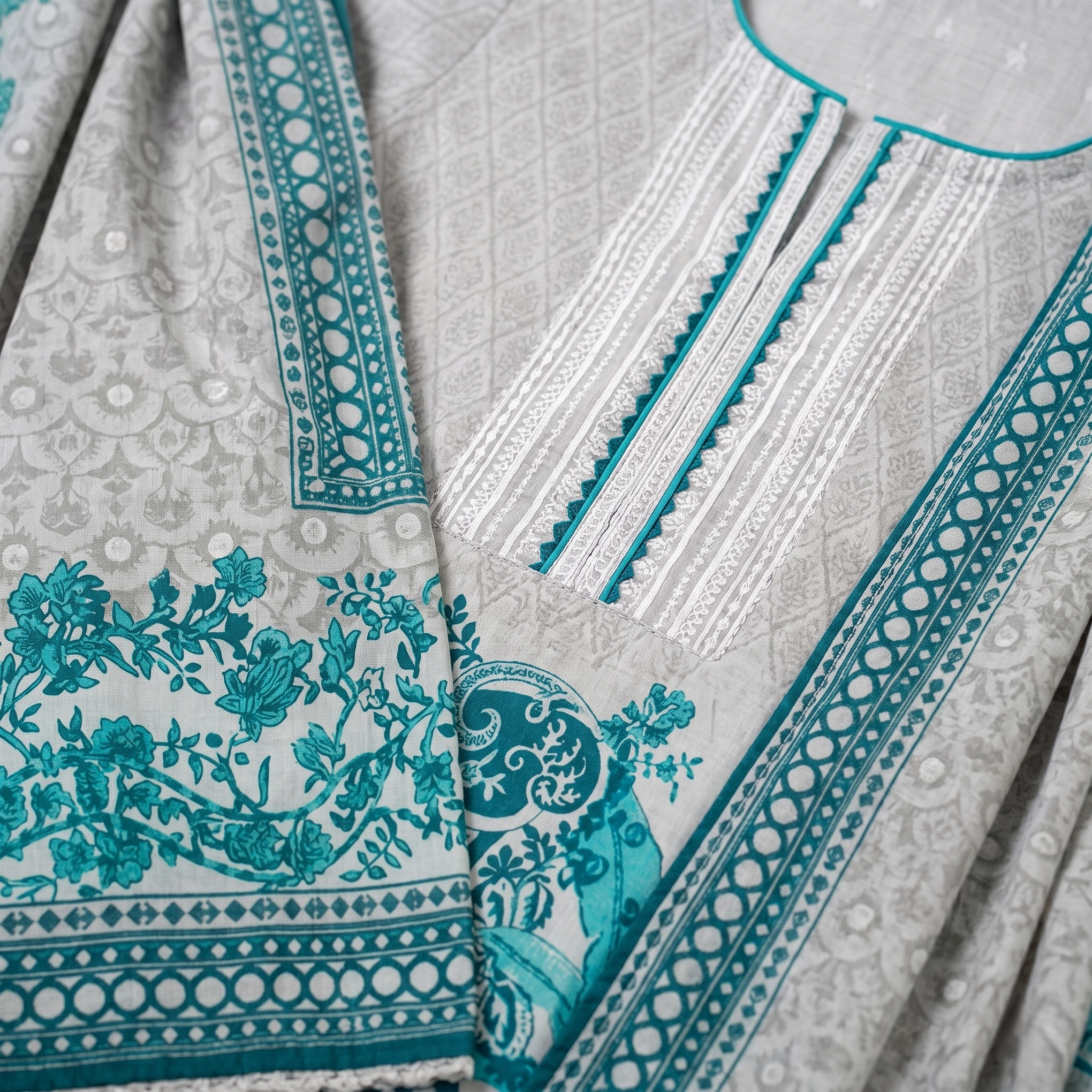 Regalia salina Printed Lawn Unstitched 3 Piece Suit – Grey Teal
