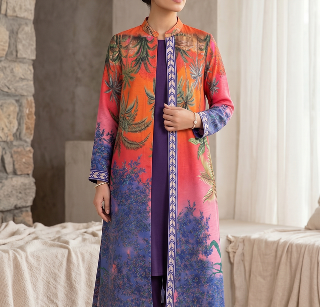 Orange Pink Tropical Printed Unstitched 2 Piece Dress