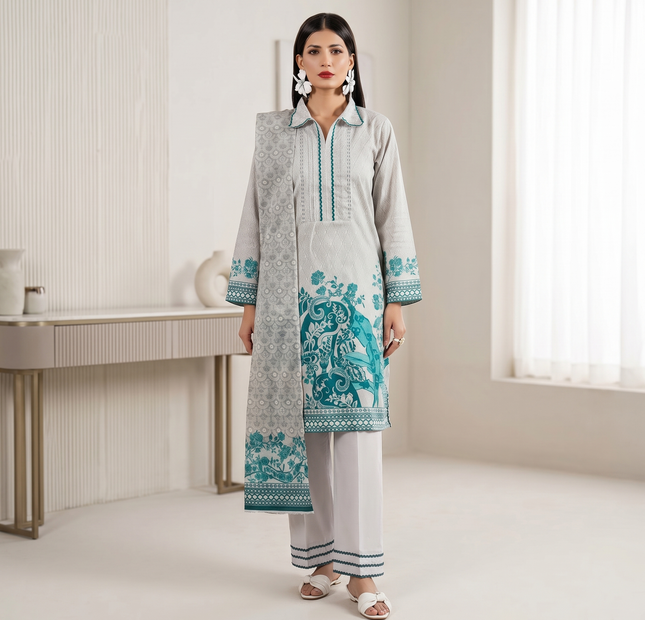 Regalia salina Printed Lawn Unstitched 3 Piece Suit – Grey Teal