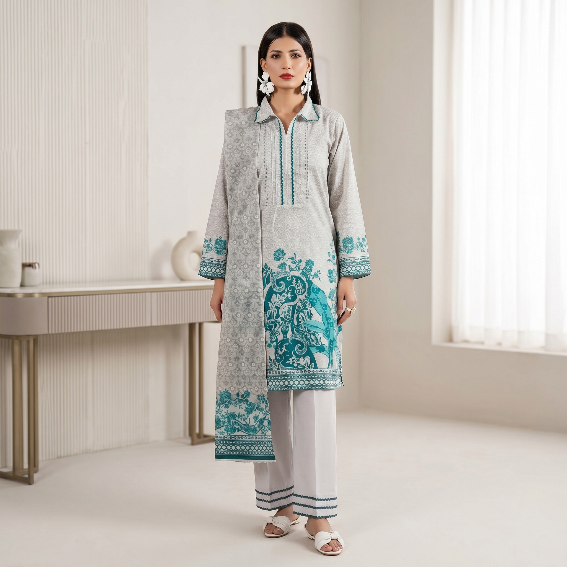 Regalia salina Printed Lawn Unstitched 3 Piece Suit – Grey Teal