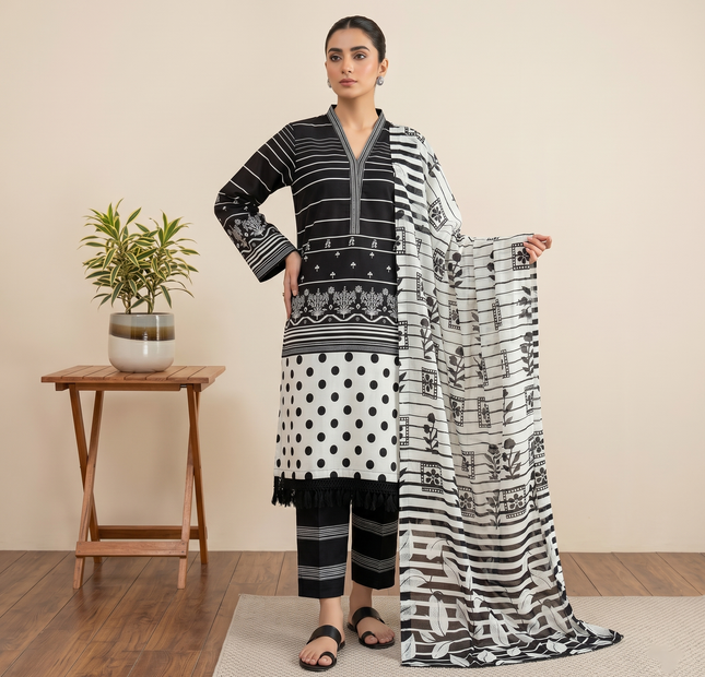 Almeerah Printed Lawn Unstitched 3 Piece Suit – Black White