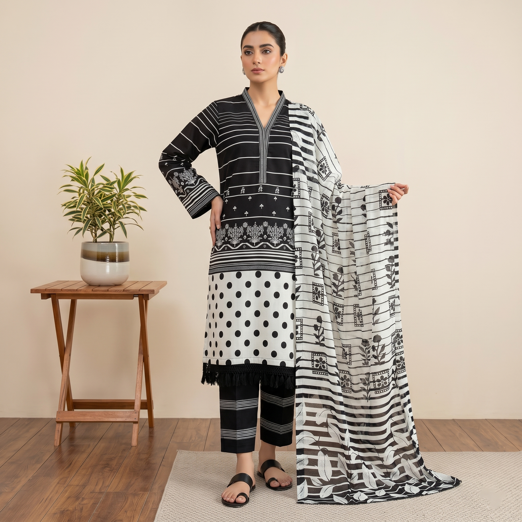 Almeerah Printed Lawn Unstitched 3 Piece Suit – Black White