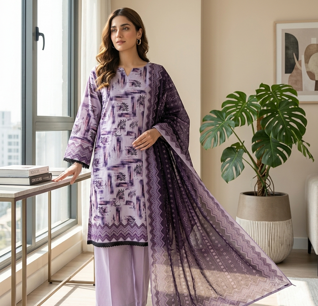 Almeerah Printed Lawn Unstitched 3 Piece Suit – Purple