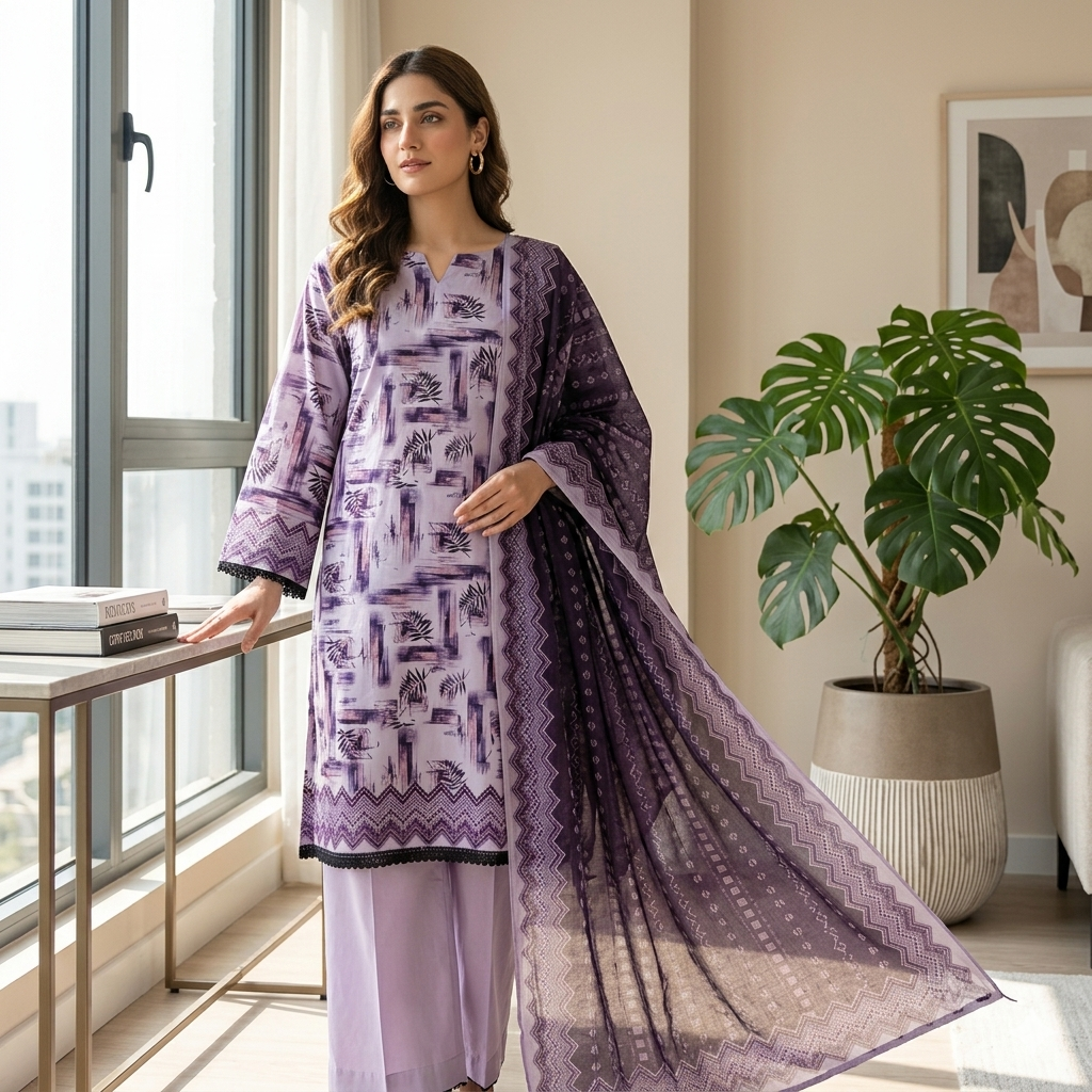 Almeerah Printed Lawn Unstitched 3 Piece Suit – Purple