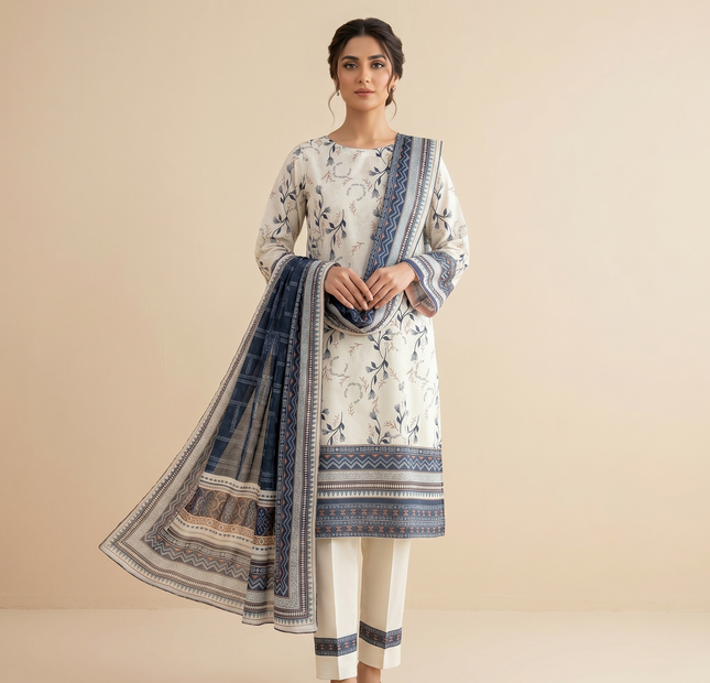 Almeerah Printed Lawn Unstitched 3 Piece Suit – Off White