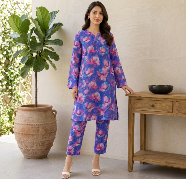 Royal Blue Floral Printed Unstitched 2 Piece Suit