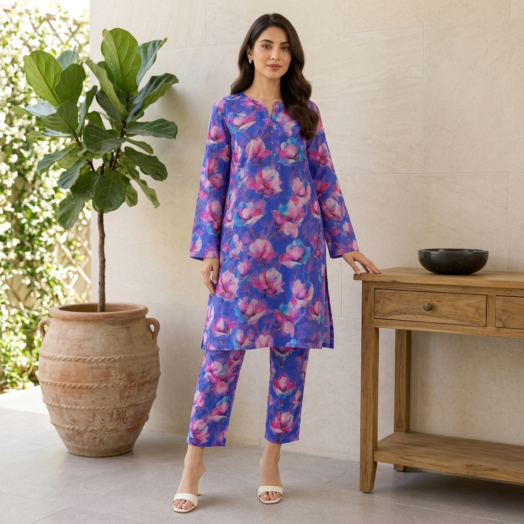 Royal Blue Floral Printed Unstitched 2 Piece Suit