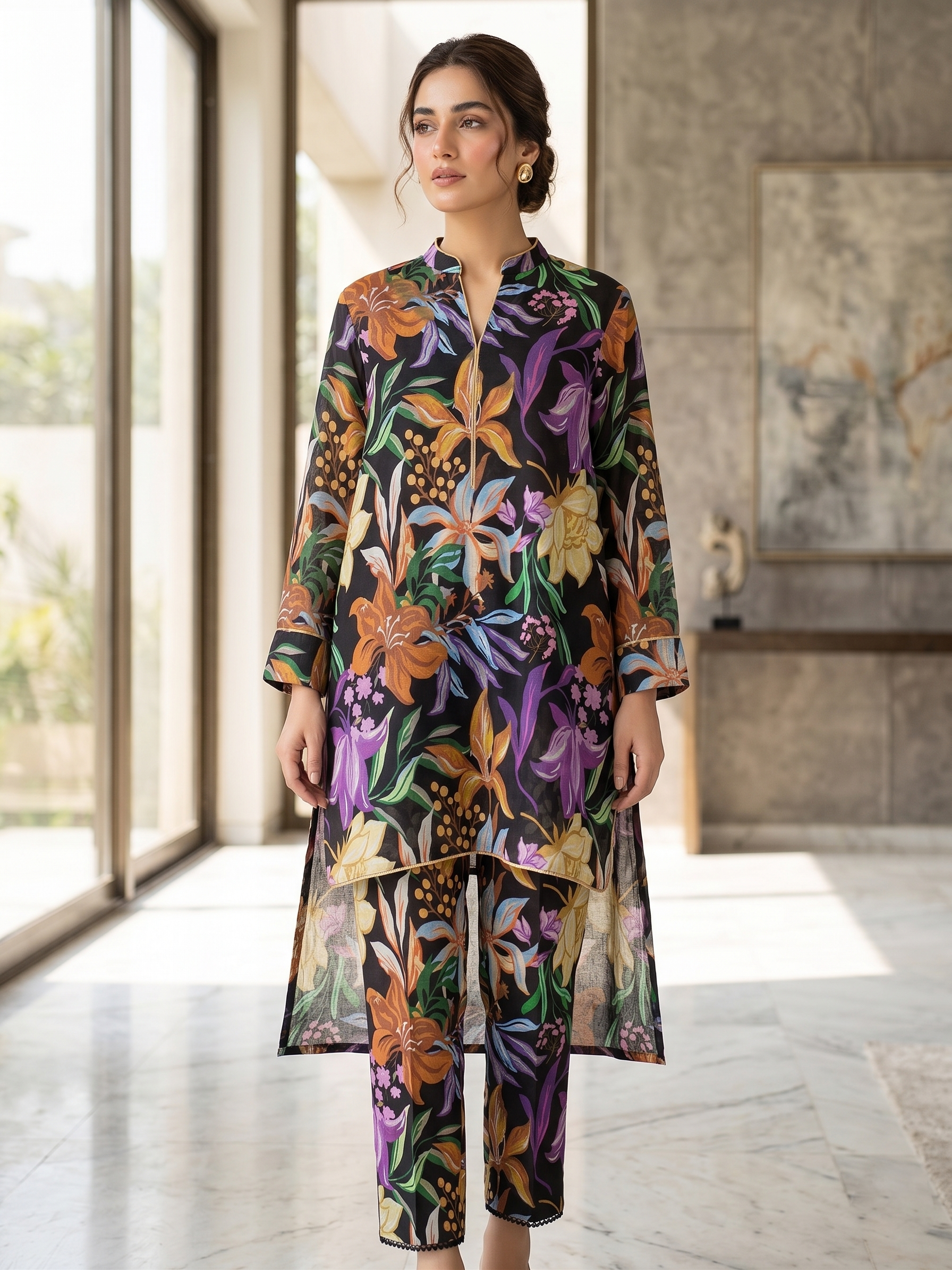 Black Floral Printed Unstitched 2 Piece Suit