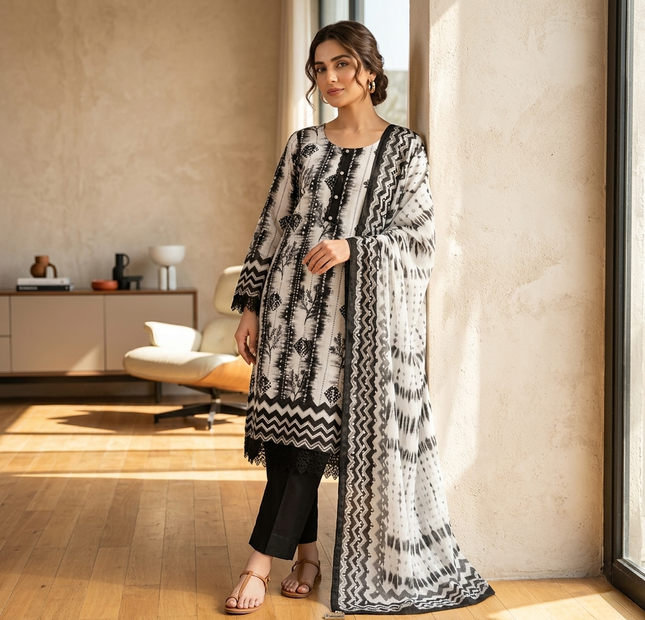 Almeerah Printed Lawn Unstitched 3 Piece Suit – Black & White