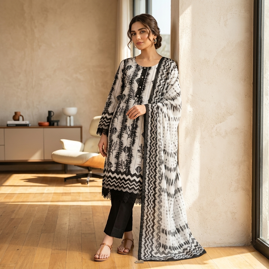 Almeerah Printed Lawn Unstitched 3 Piece Suit – Black & White