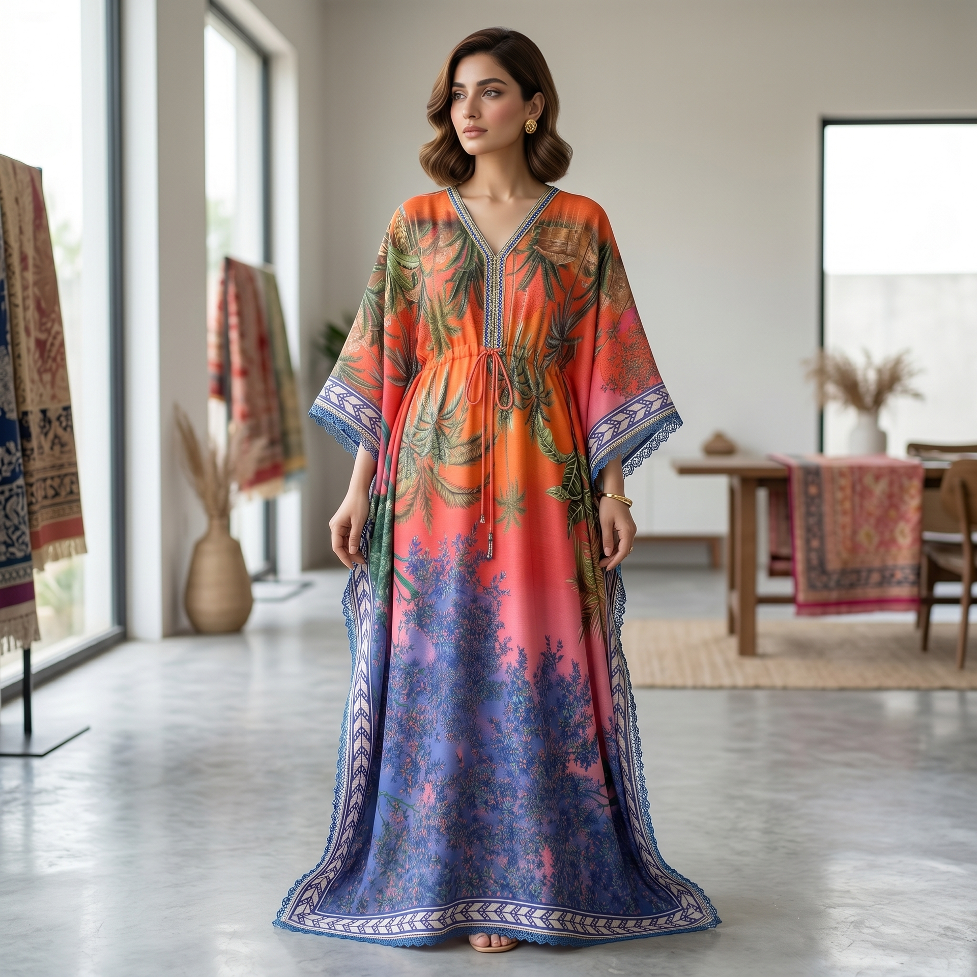 Orange Pink Tropical Printed Unstitched 2 Piece Dress