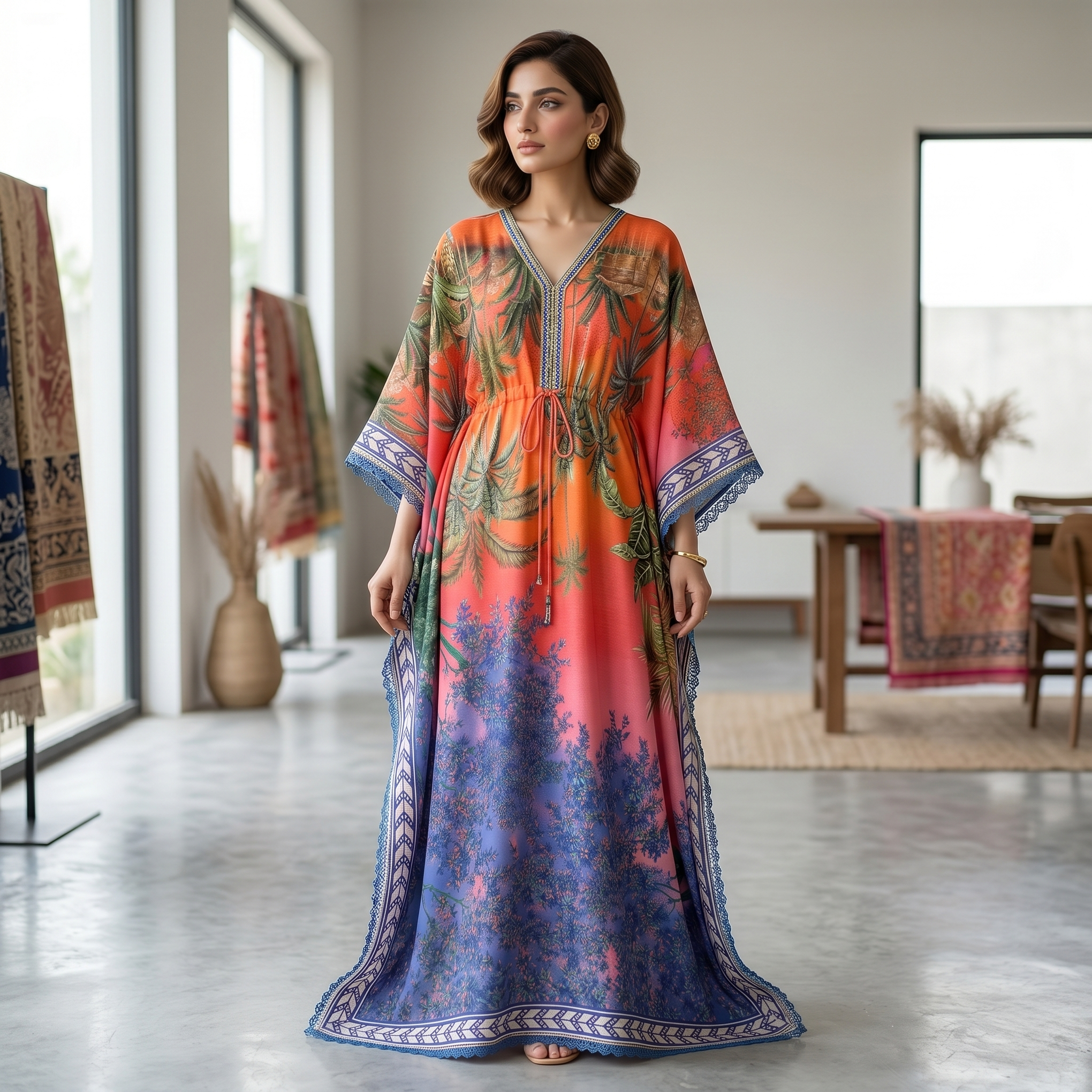 Orange Pink Tropical Printed Unstitched 2 Piece Dress