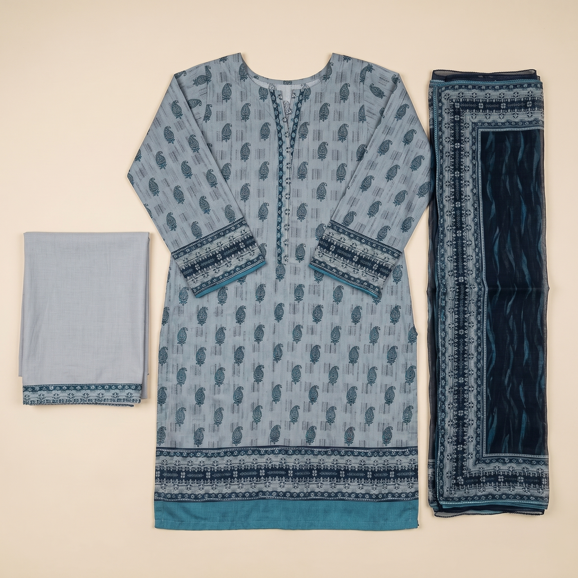 Almeerah Printed Lawn Unstitched 3 Piece Suit – Grey Blue
