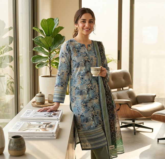 Almeerah Printed Lawn Unstitched 3 Piece Suit – Blue