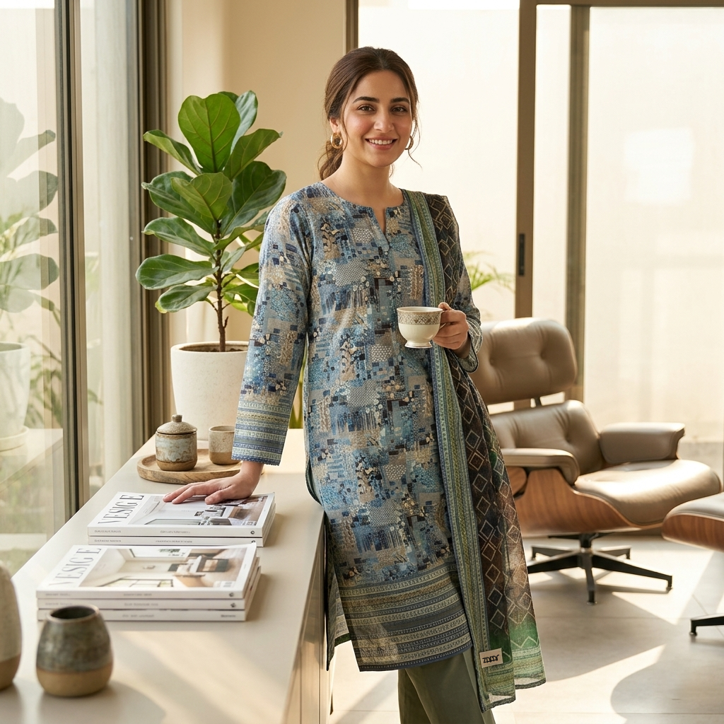 Almeerah Printed Lawn Unstitched 3 Piece Suit – Blue