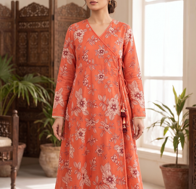 Rust Orange Floral Printed Unstitched 2 Piece Suit
