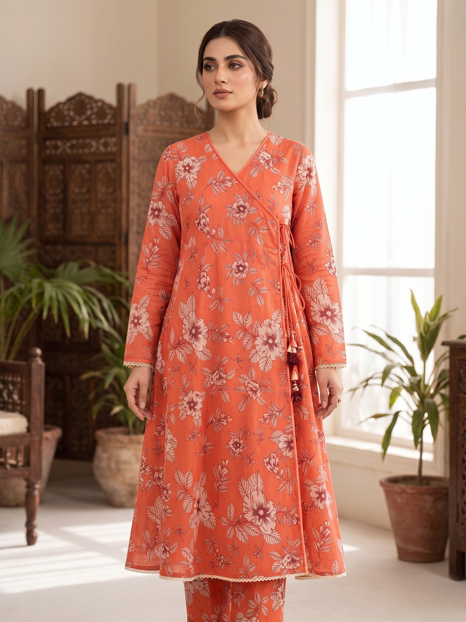 Rust Orange Floral Printed Unstitched 2 Piece Suit