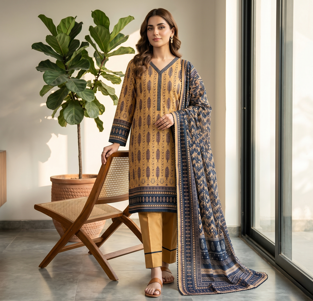 Almeerah Printed Lawn Unstitched 3 Piece Suit – Mustard
