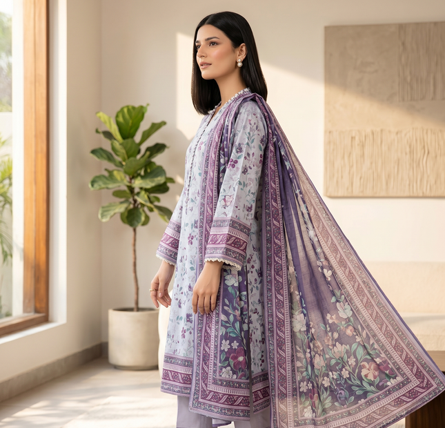 Salina Printed Lawn Unstitched 3 Piece Suit – Light Blue Purple