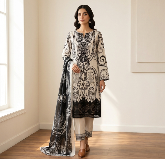 Nayab Embroidered Lawn Unstitched 3 Piece Suit – Black & White
