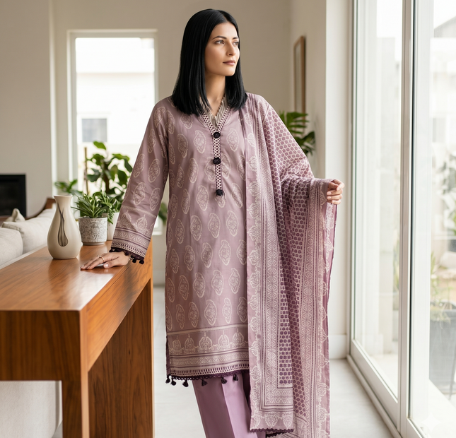 Regalia salina Printed Lawn Unstitched 3 Piece Suit – Mauve Purple